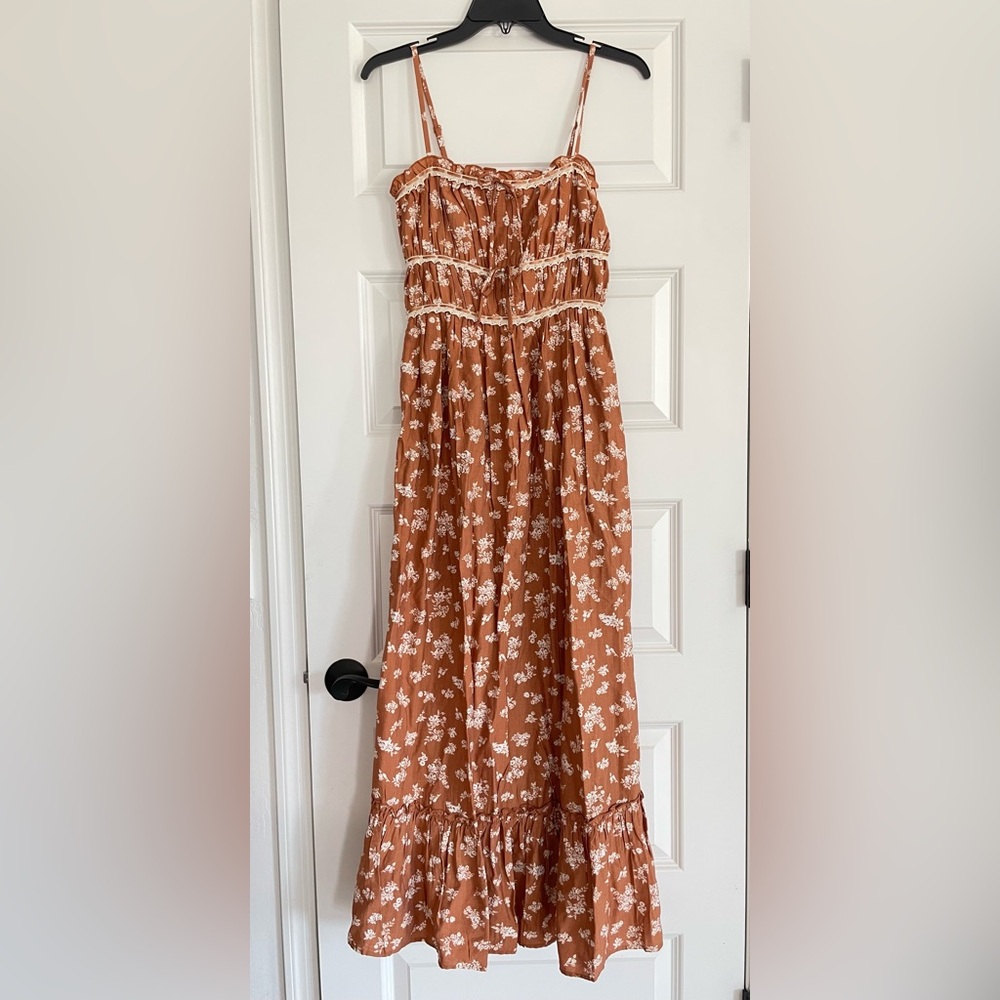 Sincerely Jules Burnt Orange Floral Maxi Dress Cottagecore Lace Trimmed